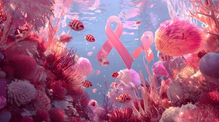 A dreamlike pink underwater world with floating pink ribbons