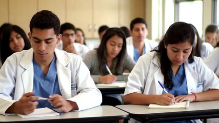 Group of Latin American medical students sitting in the classroom listening to a lecture and taking notes - Powered by Adobe