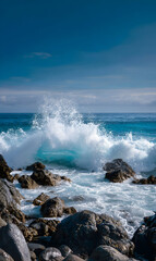 Ocean wave crashing on rocky shoreline seascape capturing the raw power and beauty of nature scenic coastline vista creating a dynamic visual experience coastal landscape