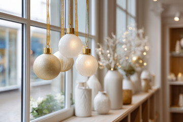 enchanting shop displays augmented window filled with modern christmas ornaments