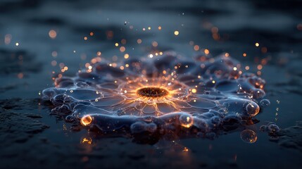 Single organic molecule illuminated in dark primordial solution, representing life’s genesis