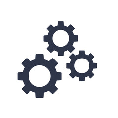 Three interlocking gears of varying sizes on a white background, depicted as a flat icon