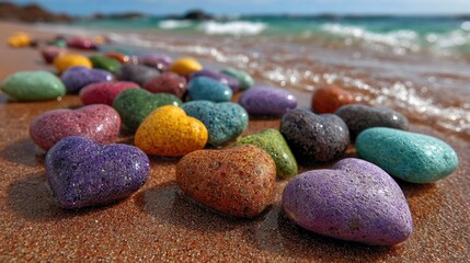 Colorful heart stones on beach shore