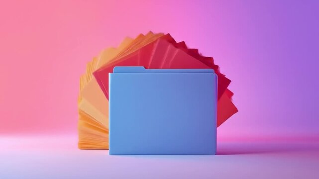 Colorful file folders arranged artistically against a vibrant gradient background, symbolizing organization