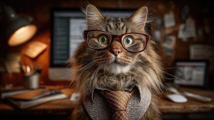 Funny cat with glasses and tie in office setting