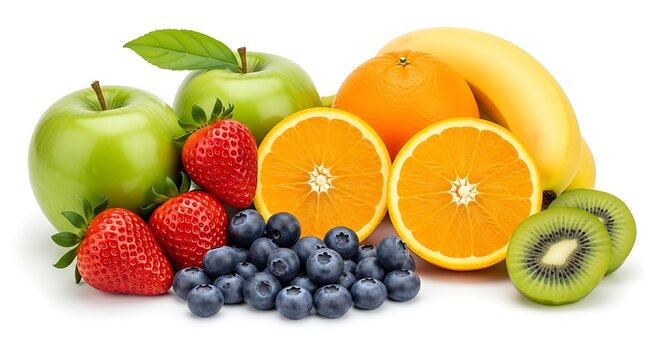 Vibrant assortment of fresh fruits, including green apples, strawberries, blueberries, oranges, bananas, and kiwi, presented against a plain white background.