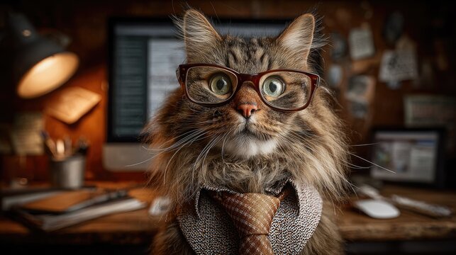 Funny cat with glasses and tie in office setting