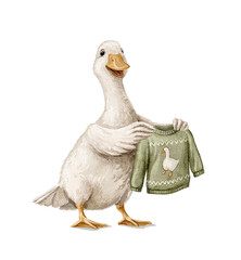Christmas vintage cartoon cute bird white goose duck holds knitted sweater and smile isolated on white background. Watercolor and pencil hand drawn illustration sketch