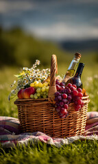 Rustic Picnic Basket Overflowing with Fresh Grapes Wine and Wildflowers in a Sunny Meadow inviting outdoor celebration with gourmet food and drink surrounded by natural beauty in