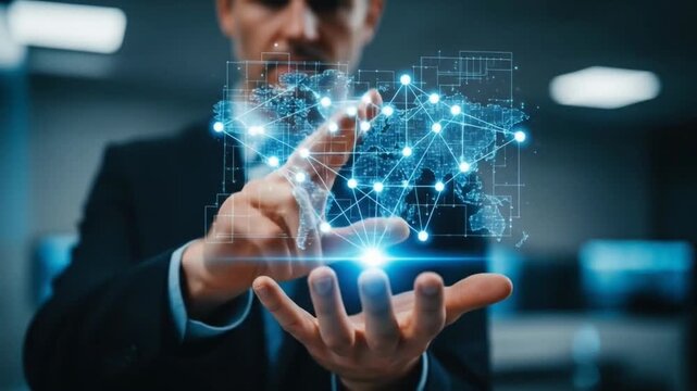 Businessman Interacting with Digital World Map Hologram for Global Connection