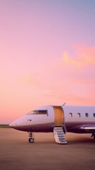 Obraz premium Private jet with purple and white tones parked with open stairway, glowing under vivid pink and orange sunset sky.