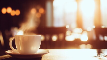 Warm latte with frothy crema on stylish cafe table, inviting morning energy