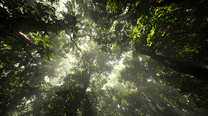 Mystical Forest Canopy with Sunlight Streaming Through Verdant Foliage Creating a Serene Natural Ambiance in a Dense Woodland Ecosystem Ideal for Conservation Imagery