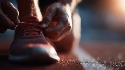 Athlete preparing tying shoes before competition emphasizing focus and strength