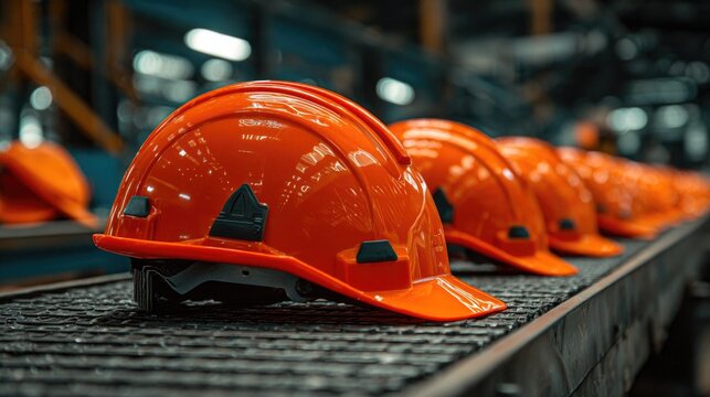 Protective orange hard hat on industrial conveyor line