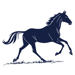 A majestic dark blue silhouette of a powerful horse galloping across a field of grass with its mane and tail flowing dynamically in the wind conveying speed and freedom