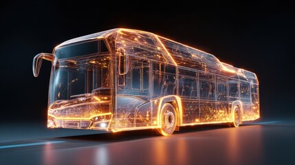 Vibrant photo of a futuristic electric bus glowing with bright energetic lights