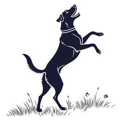 A playful dark silhouette of a labrador retriever dog leaping excitedly in tall grass with its mouth open and looking upwards against a clean white background