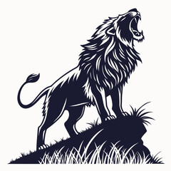Majestic lion silhouette roaring powerfully from a rocky outcrop surrounded by wild grass symbolizing strength courage and leadership in a striking dark blue graphic design