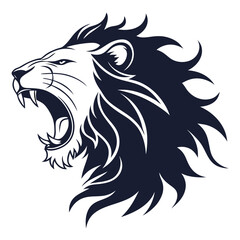 Fierce roaring lion head silhouette emblem with open mouth and sharp teeth symbolizing power strength courage and royalty in a stylized graphic design