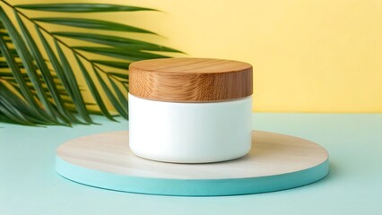 White cosmetic cream jar with wooden lid on a light wooden stand with palm leaf and pastel background