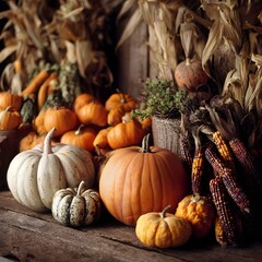 Abundant arrangements of pumpkins gourds Corn