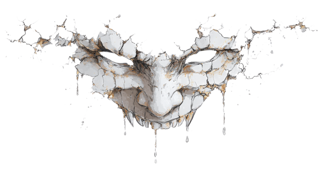 Cracked mask with dripping paint isolated on transparent background