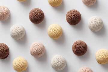 A delightful arrangement of colorful ice cream scoops on a clean white surface, creating a playful and refreshing pattern.