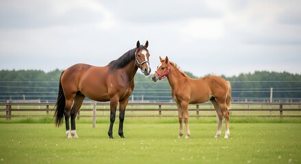 Mare and Foal Grazing in a Lush Green Pasture.
