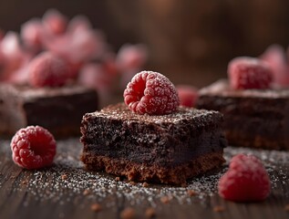 Chocolate cake with raspberries and mint on a plate