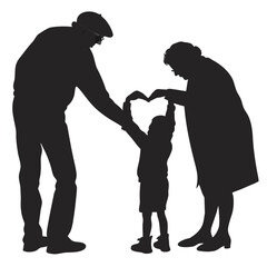 A loving silhouette of grandparents and a child forming a heart shape with their hands symbolizing family connection and affection against a clean white background