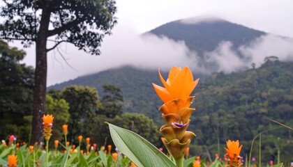 Orange flower field with misty mountain