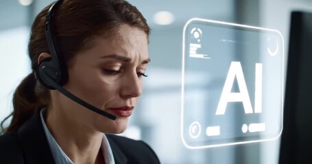 Businesswoman engaging with AI technology in office - Powered by Adobe