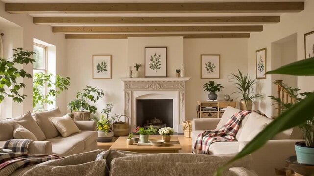Warm and inviting living room interior with natural light and plants showcasing comfort