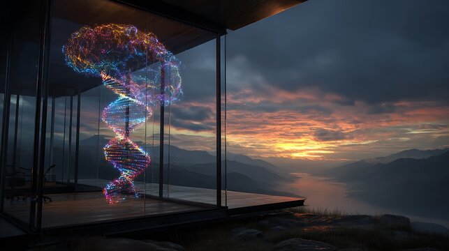Dna and brain hologram in modern glass house at sunset with mountains and lake view for genetics research - Powered by Adobe