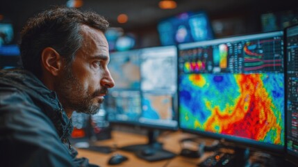 Weather forecaster analyzing colorful storm maps on modern monitors