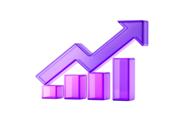 3d purple glassmorphism upward arrow chart symbolizing growth and success isolated on transparent background