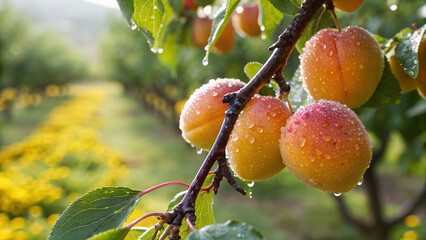 Apricots on tree with water drop in garden, Apricot on tree in natural background