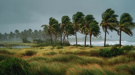 Strong tropical storm with palm trees bending in powerful wind near the coast
