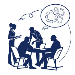 Diverse team of professionals collaborating around a table discussing ideas and planning strategies with gears symbolizing teamwork and problem solving in a thought bubble above their heads