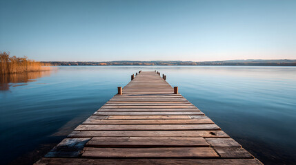 Obraz premium Wooden pier stretching into a serene lake with clear sky horizon water reflections nature escape calm tranquil scene peaceful waterscape leading journey beautiful horizon