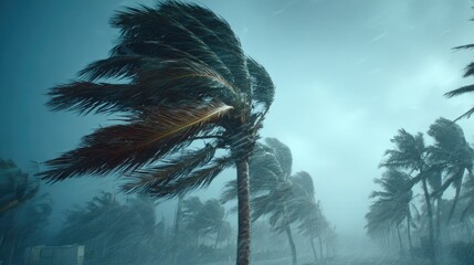 Hurricane with heavy rain and strong winds shaking palm trees on tropical coast