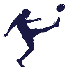 Dynamic silhouette of a rugby player executing a powerful kick with the oval ball in mid air against a clean white background representing action and sport