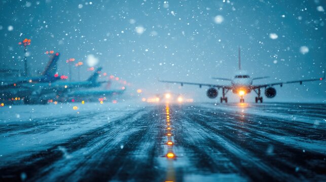 Airplane taxiing in heavy snow at airport