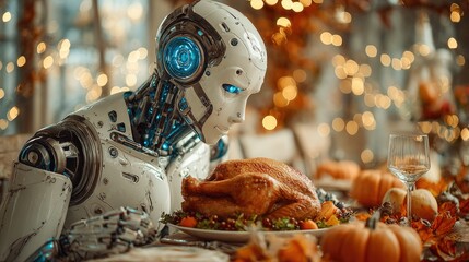 Humanoid robot looking at roasted turkey on festive Thanksgiving table