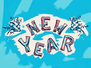New Year text with firecrackers or glasses stylized as air balloons on the white highlight and light-blue diagonally striped background; a comics styled vector illustration perfect for greeting cards.