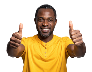 black man in yellow shirt showing thumbs up gesture isolated on white or transparent png