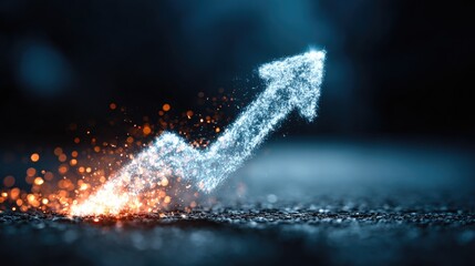 Glowing upward arrow with sparkling particles on dark surface
