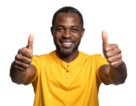 black man in yellow shirt showing thumbs up gesture isolated on white or transparent png 