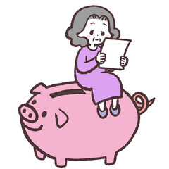 ブタの貯金箱に座って紙を見るシニア女性のイラスト